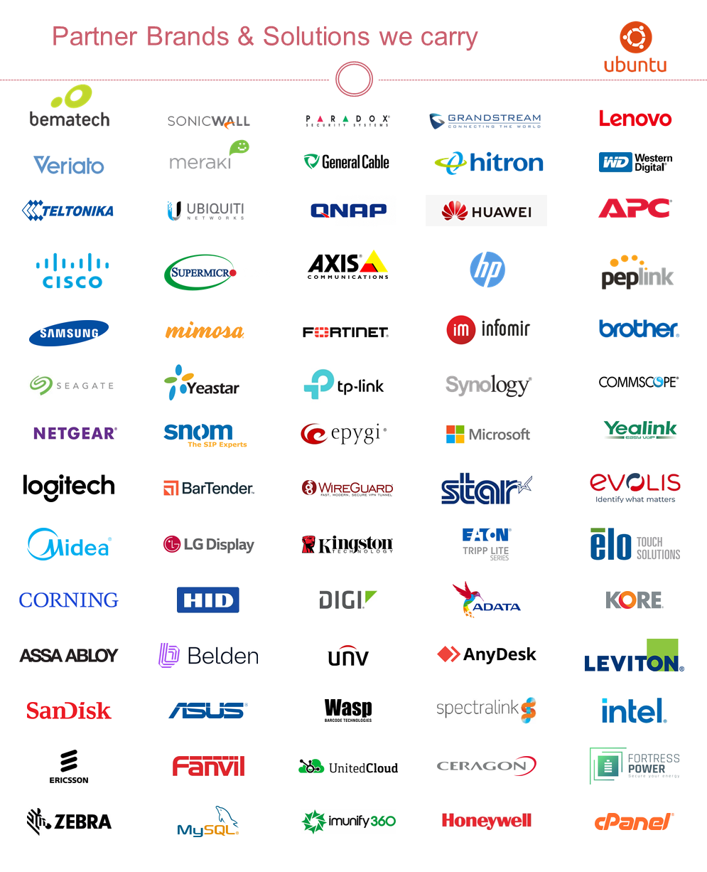 Partner brands and solutions Messenjara carries, including Cisco, Ubiquiti, Grandstream, Samsung, LG, HP, Lenovo, Dell, Fortinet, Axis, HID, Synology, Peplink and Fortress Power