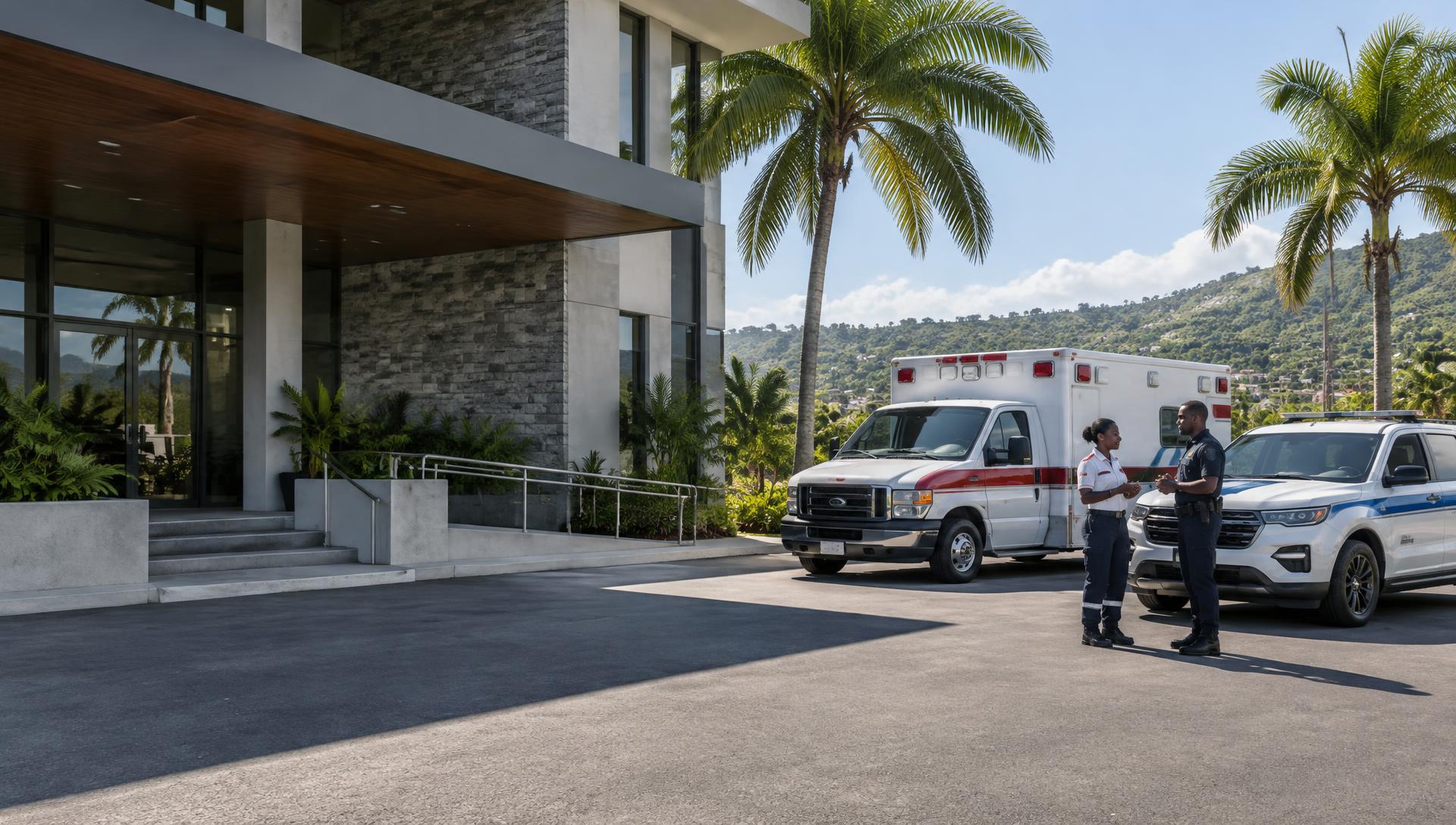 Illustrative Jamaican public safety station with ambulance, police vehicle and response personnel